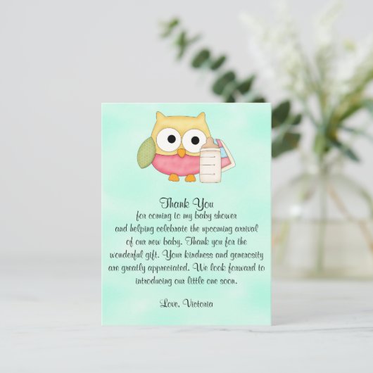 Baby shower geslachtsneutrale uil briefkaart (Staand voorkant)