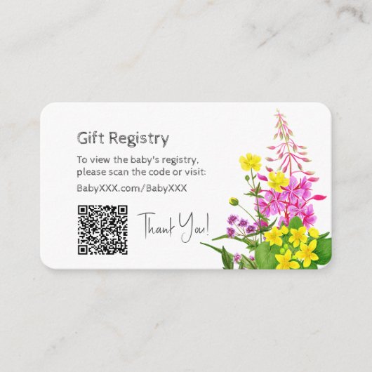 Baby shower Gift Registry Wildflower QR-code Informatiekaartje (Voorkant)