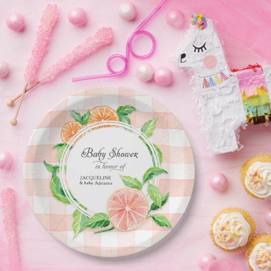 baby shower Gingham Boerderij Pink Stripe Citrus S Papieren Bordje (Feest)