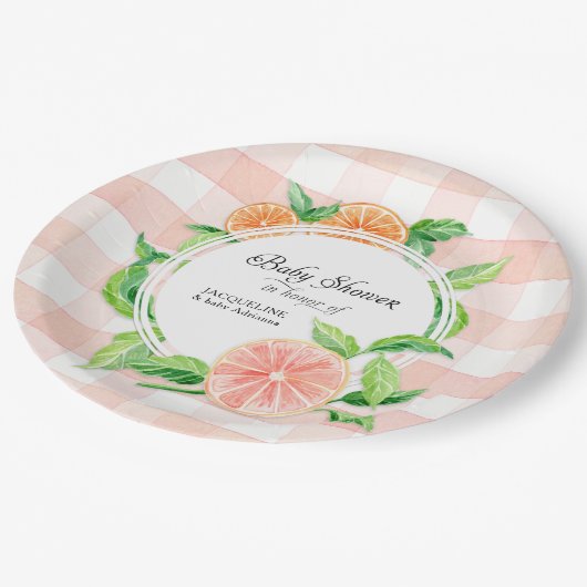 baby shower Gingham Boerderij Pink Stripe Citrus S Papieren Bordje (Gekanteld)