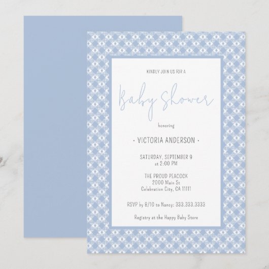 Baby shower Gingham Cute Pastel Blue Boy Kaart (Voorkant / Achterkant)