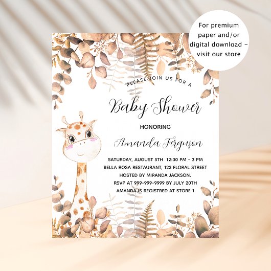Baby shower giraffe eucalyptus budget uitnodiging flyer