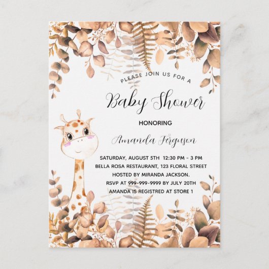 Baby shower giraffe eucalyptusbos oerwoud uitnodiging briefkaart (Voorkant)