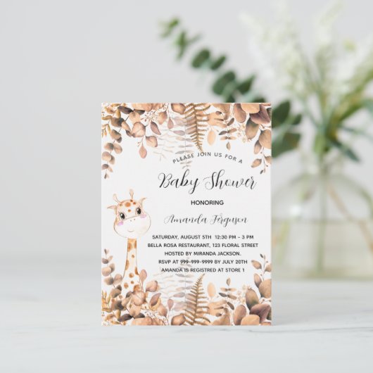 Baby shower giraffe eucalyptusbos oerwoud uitnodiging briefkaart (Staand voorkant)