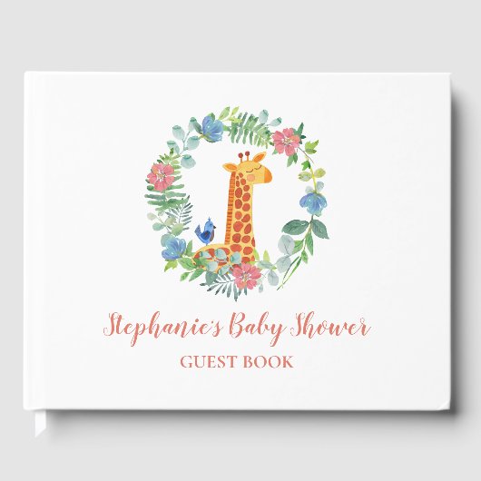 Baby shower Giraffe & Floral krans gepersonaliseer Gastenboek (Voorkant)
