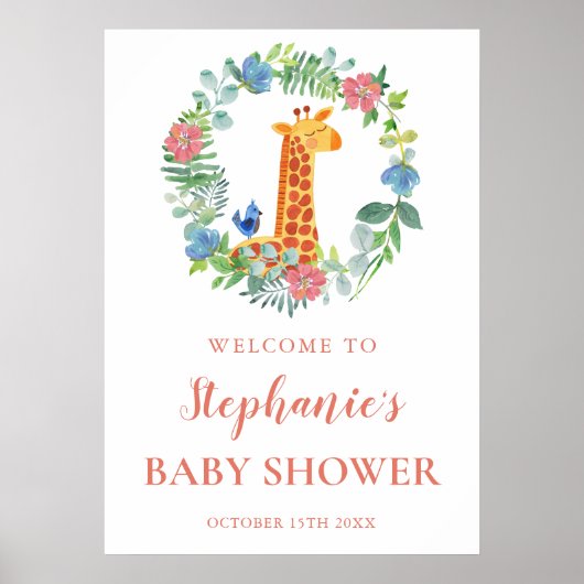Baby shower Giraffe & Floral Wreate Baby shower Poster (Voorkant)