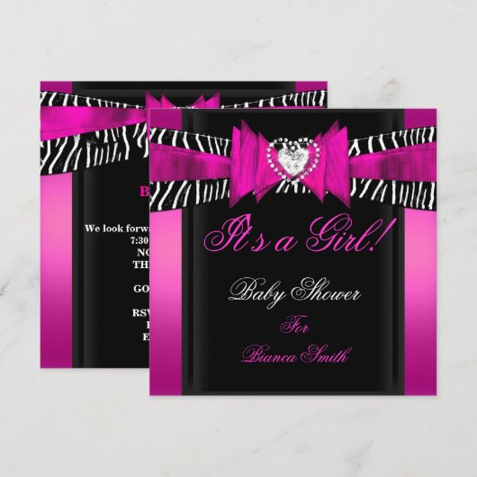 Baby shower Girl Baby Hot Pink Black Zebra Kaart (Voorkant / Achterkant)