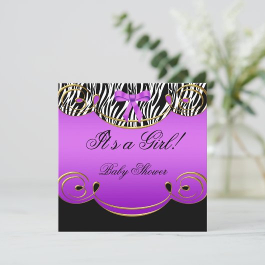Baby shower Girl Baby Paars Black Zebra Kaart (Staand voorkant)