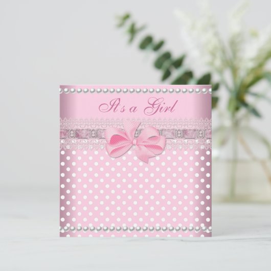Baby shower Girl Baby Pink Pearl Lace Kaart (Staand voorkant)