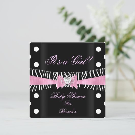 Baby shower Girl Baby roze zwarte Zebra stippen Kaart (Staand voorkant)