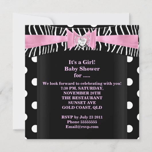 Baby shower Girl Baby roze zwarte Zebra stippen Kaart (Achterkant)