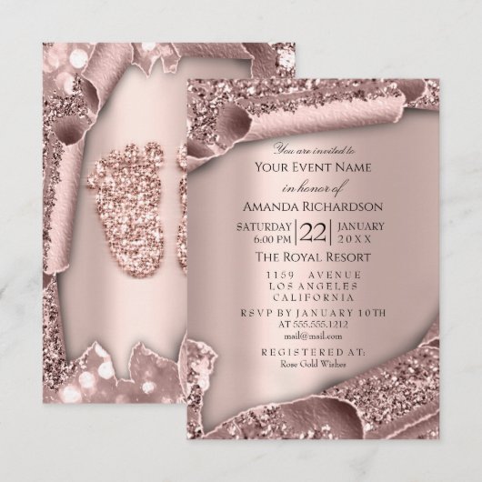 Baby shower Girl Boy Feet Glam Roos Gold 3D Effec Kaart (Voorkant / Achterkant)