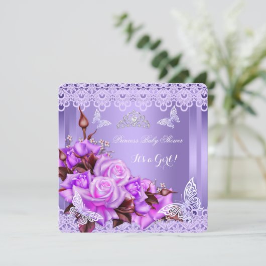 Baby shower Girl Butterfly Paarse roze rozen 2 Kaart (Staand voorkant)