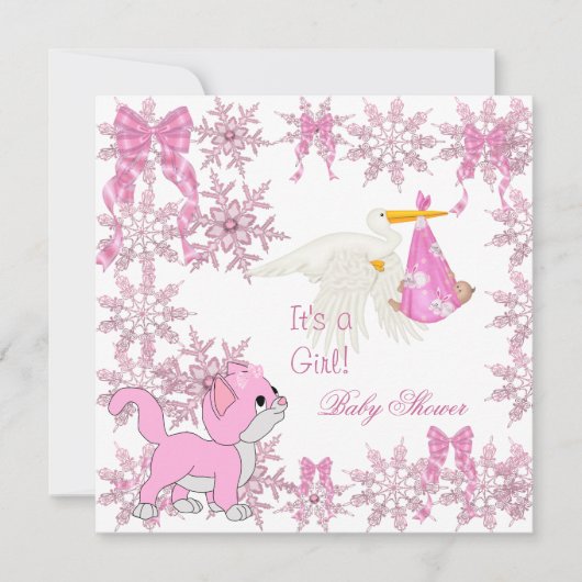Baby shower Girl Cute Kitten Stork Kaart (Voorkant)