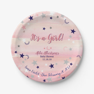 baby shower Girl Cute Pink Waterverf Moon & Stars Papieren Bordje