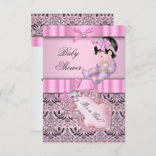 Baby shower Girl Damask Pink Grey Kaart (Voorkant / Achterkant)