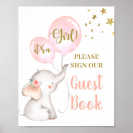 Baby shower Girl Elephant Guest Book Poster