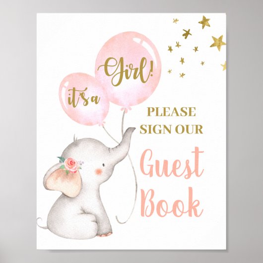 Baby shower Girl Elephant Guest Book Poster (Voorkant)