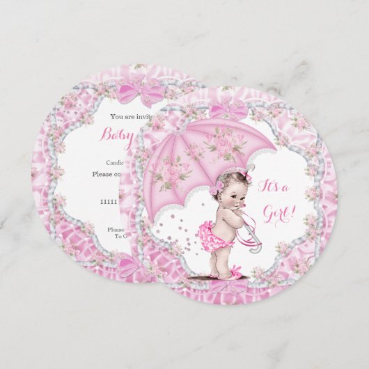  Baby shower Girl Flowers Pink Umbrella Kaart (Voorkant / Achterkant)