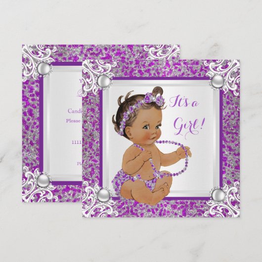 Baby shower Girl Glitter Paars Silver Lace Brunet Kaart (Voorkant / Achterkant)