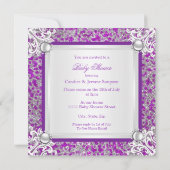 Baby shower Girl Glitter Paars Silver Lace Brunet Kaart (Achterkant)