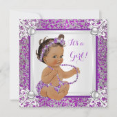 Baby shower Girl Glitter Paars Silver Lace Brunet Kaart (Voorkant)
