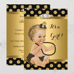 Baby shower Girl Gold Foil Black Pearls Blonde Kaart