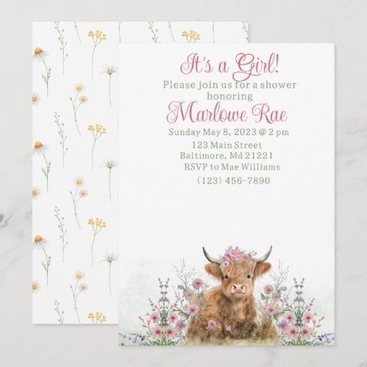Baby shower Girl Highland koe Kaart (Voorkant / Achterkant)