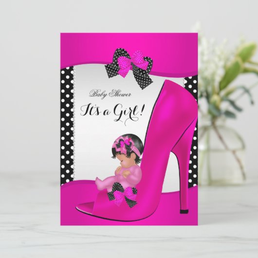 Baby shower Girl Hot Pink Baby Shoe Polka Dots Kaart (Staand voorkant)