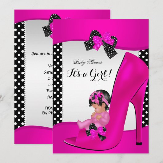 Baby shower Girl Hot Pink Baby Shoe Polka Dots Kaart (Voorkant / Achterkant)