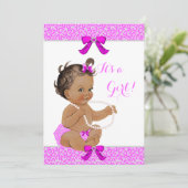 Baby shower Girl Hot Pink Leopard Pearls Brunette Kaart (Staand voorkant)
