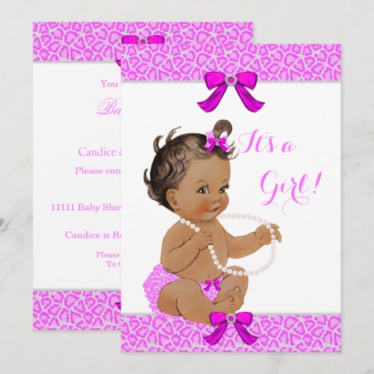 Baby shower Girl Hot Pink Leopard Pearls Brunette Kaart (Voorkant / Achterkant)