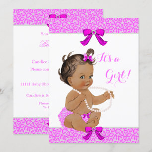 Baby shower Girl Hot Pink Leopard Pearls Brunette Kaart