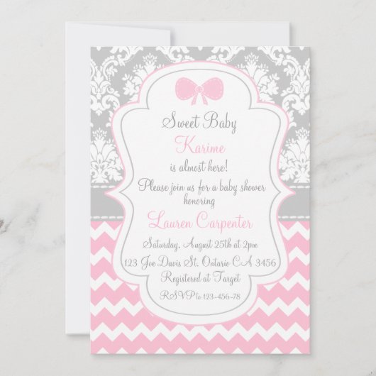 Baby shower girl invitation pink chevron and grey kaart (Voorkant)