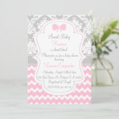 Baby shower girl invitation pink chevron and grey kaart (Staand voorkant)