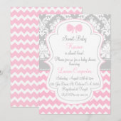 Baby shower girl invitation pink chevron and grey kaart (Voorkant / Achterkant)
