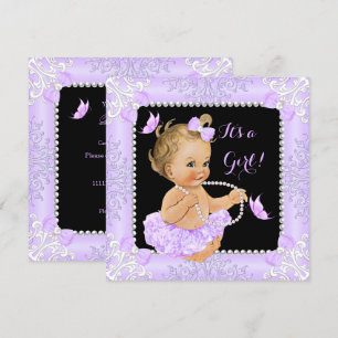 Baby shower Girl Lavender Butterfly Tutu Blonde Kaart