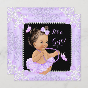 Baby shower Girl Lavender Butterfly Tutu Brunette Kaart