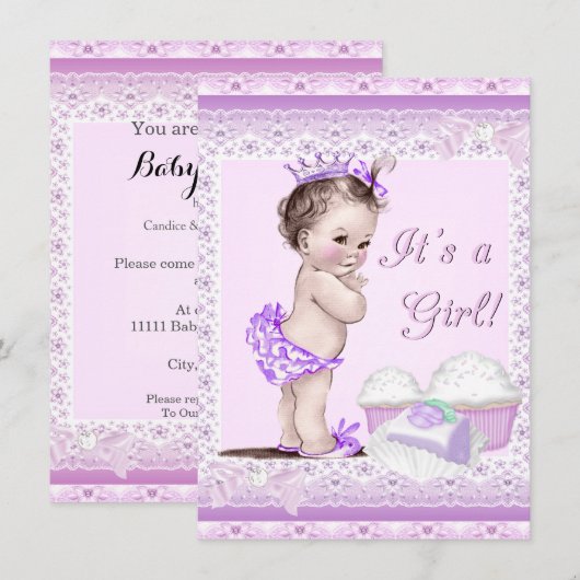  Baby shower Girl Lavender Lace Cupcakes Kaart (Voorkant / Achterkant)