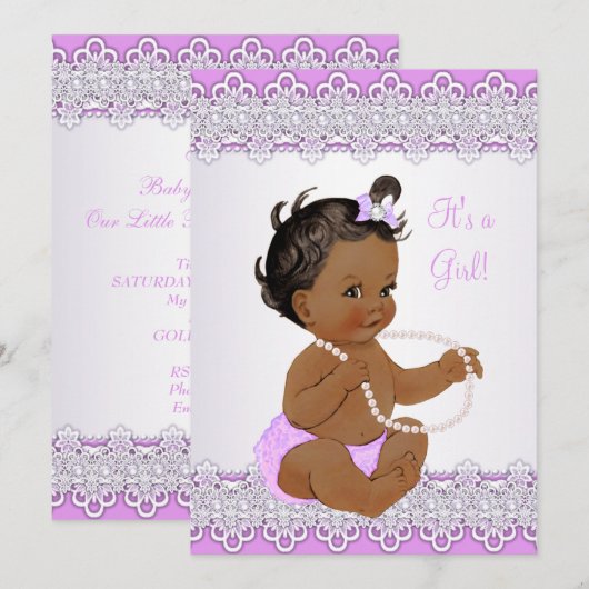 Baby shower Girl Lavender Lace Pearl Ethnic Kaart (Voorkant / Achterkant)