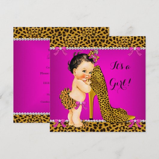 Baby shower Girl Leopard High Hiel Pink Brunette Kaart (Voorkant / Achterkant)