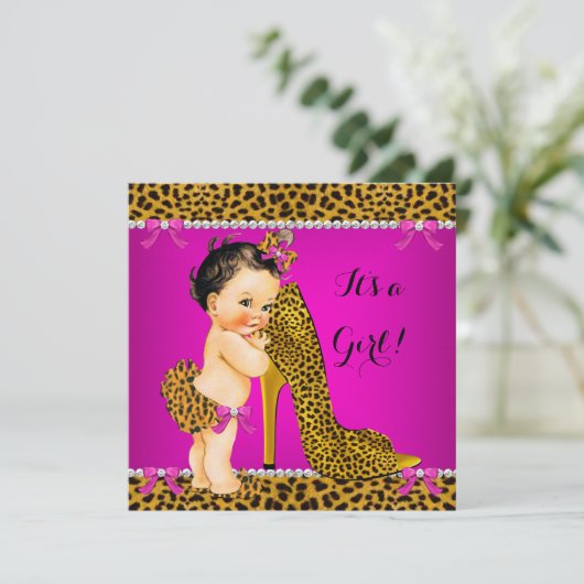 Baby shower Girl Leopard High Hiel Pink Brunette Kaart (Staand voorkant)