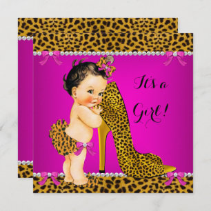 Baby shower Girl Leopard High Hiel Pink Brunette Kaart