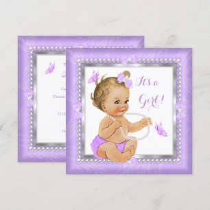 Baby shower Girl Paars Pearl Butterfly Blonde Kaart