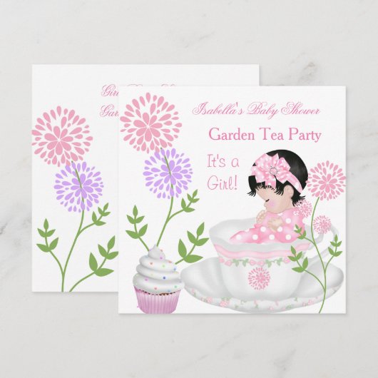Baby shower Girl Pink Baby Garden Tea Party Kaart (Voorkant / Achterkant)