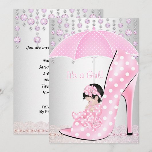 Baby shower Girl Pink Baby Shoe Diamond 2 Kaart (Voorkant / Achterkant)