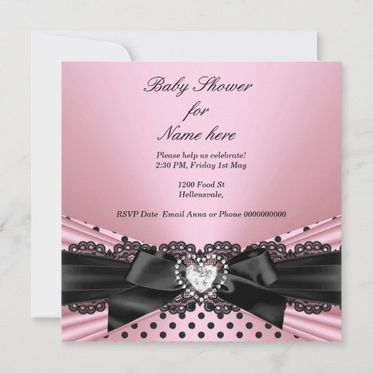 Baby shower Girl Pink Black Lace Polka Dots Kaart (Achterkant)