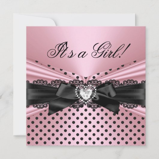 Baby shower Girl Pink Black Lace Polka Dots Kaart (Voorkant)