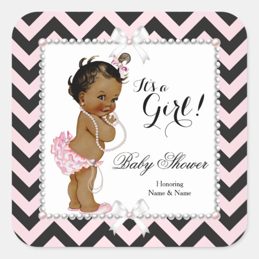 Baby shower Girl Pink Black Stripe White Ethnic Vierkante Sticker (Voorkant)
