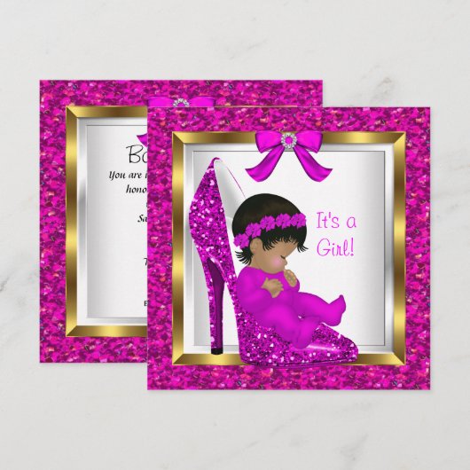 Baby shower Girl Pink Glitter Baby in Shoe Kaart (Voorkant / Achterkant)